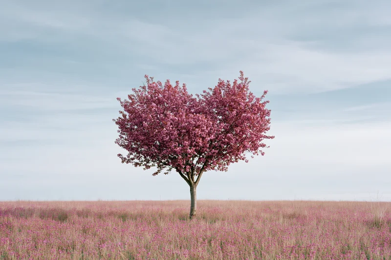 Heart-shaped blossoming tree in a pink field under a soft sky