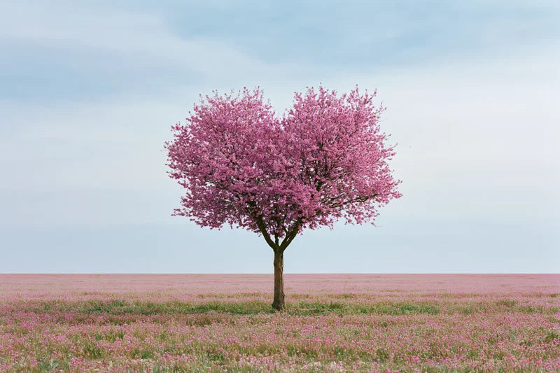 Heart-shaped blossoming tree standing alone in a pink field under a soft sky