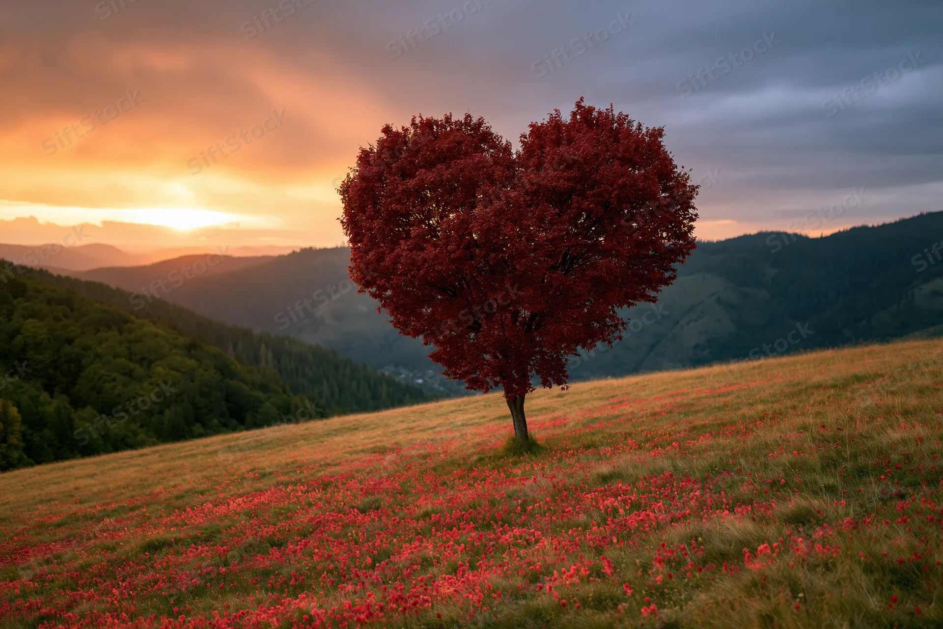 Heart-shaped tree with crimson foliage in a field of red flowers at sunset in a mountain valley