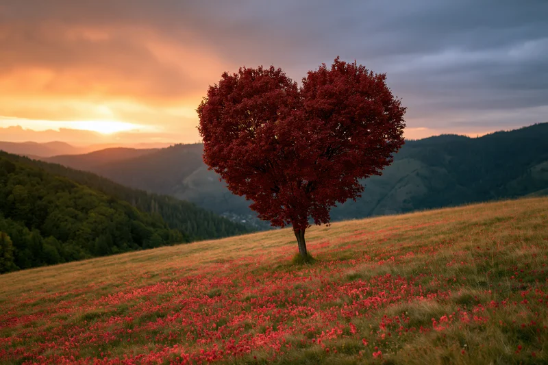 Heart-shaped tree with crimson foliage in a field of red flowers at sunset in a mountain valley