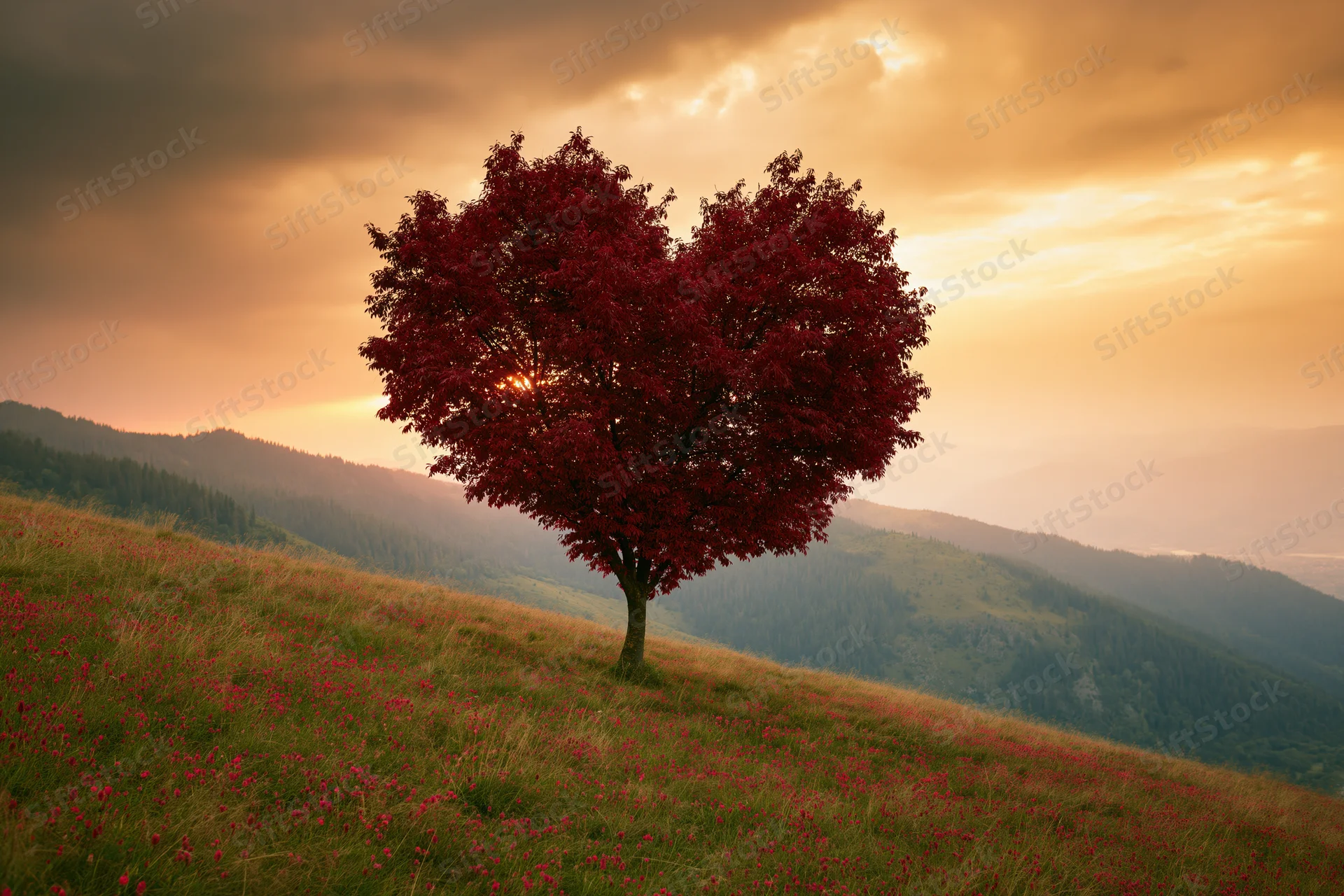 Heart-shaped tree with red foliage on a hillside at sunset overlooking mountains and a meadow