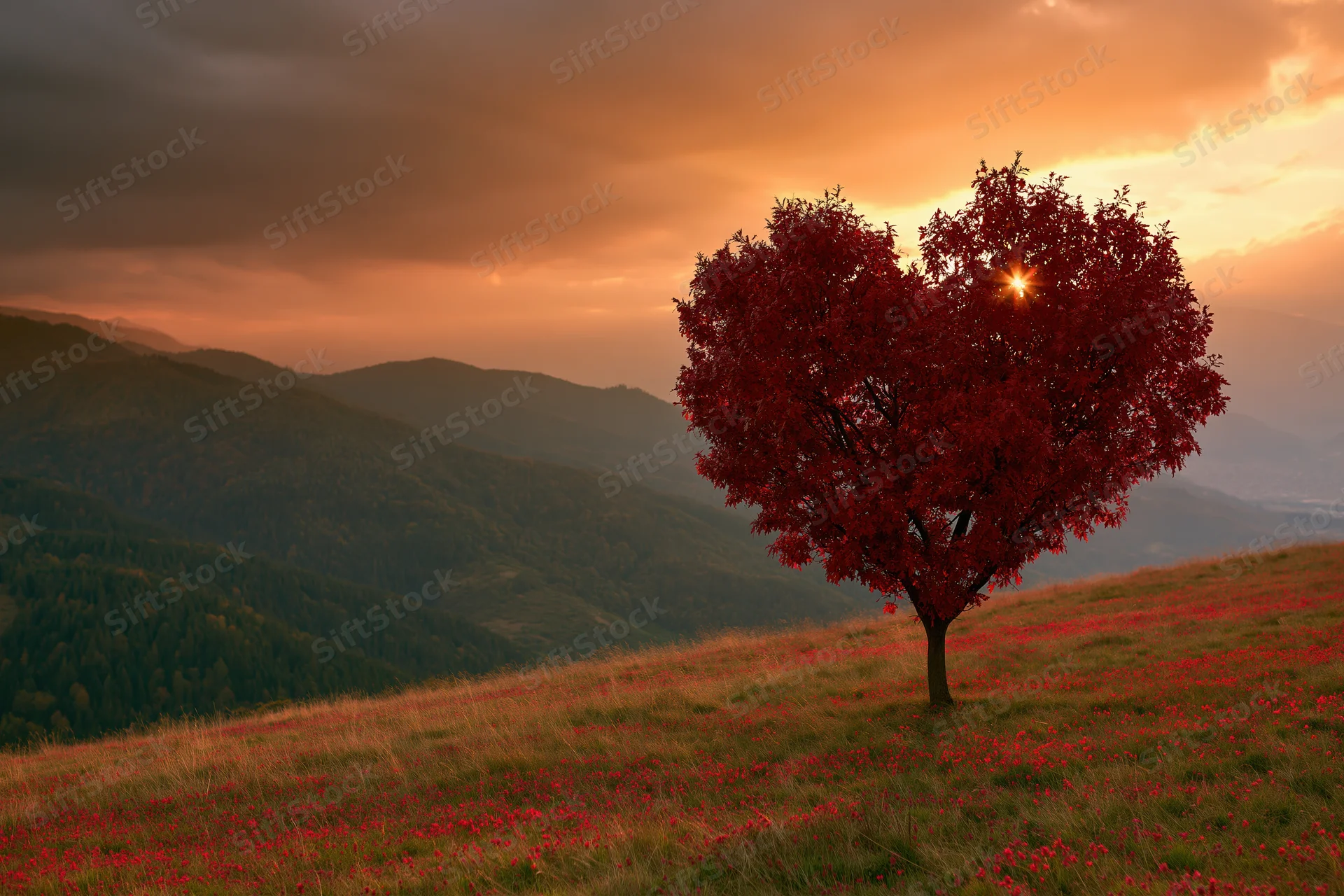Heart-shaped tree with crimson leaves on a hillside at sunset overlooking mountains and a field of red flowers