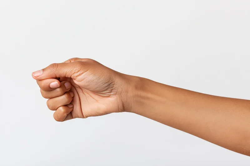 Woman’s hand and forearm making pinch gesture against white background