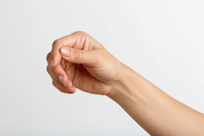 Woman’s hand making a gentle pinch gesture with forearm visible against white background
