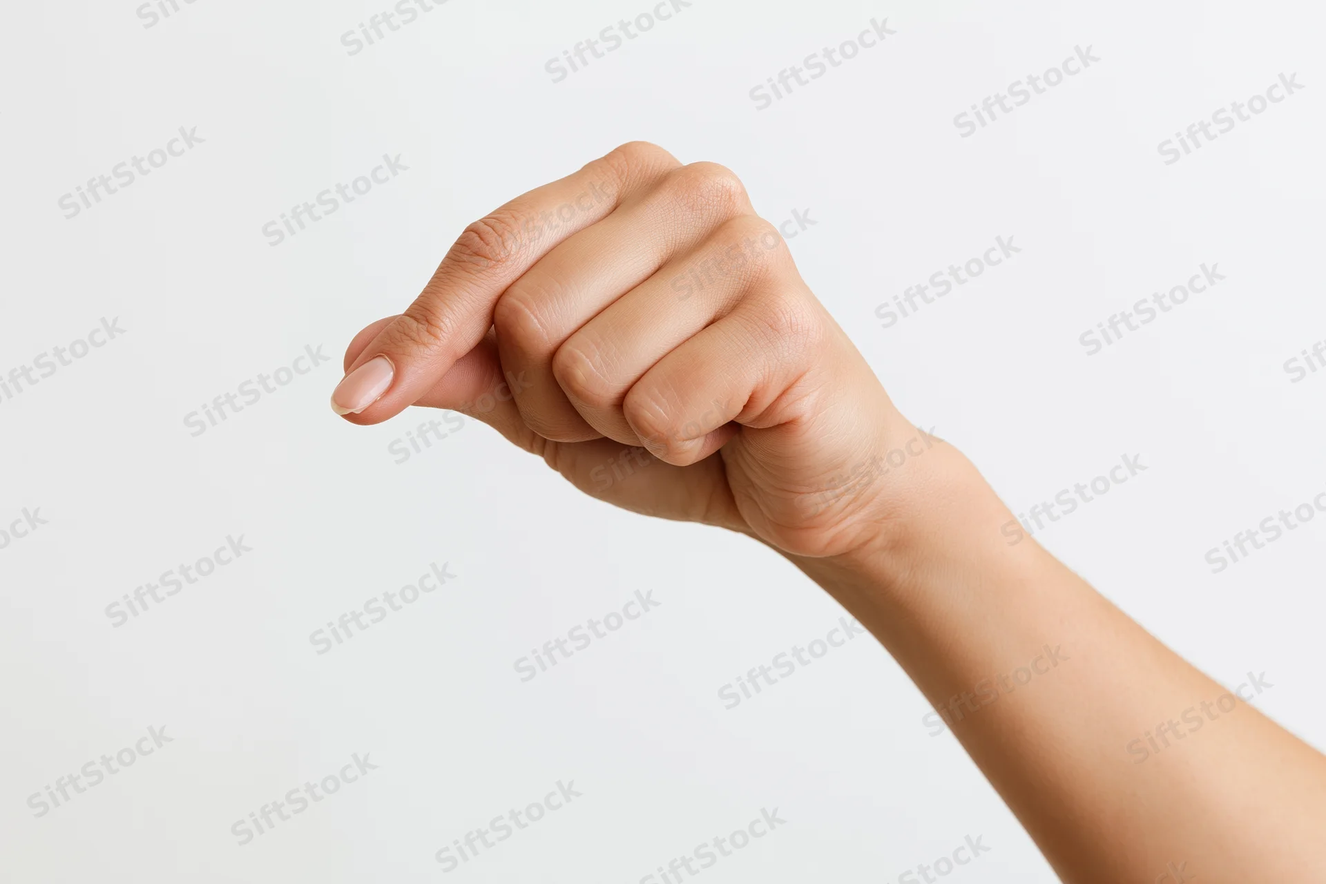 Woman’s hand making a gentle pinch gesture against white background
