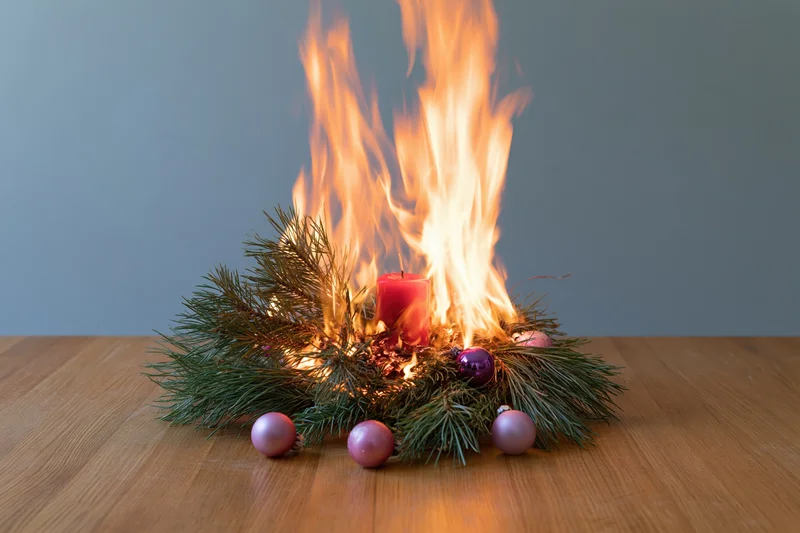 Burning christmas centerpiece with candle and ornaments on wooden table