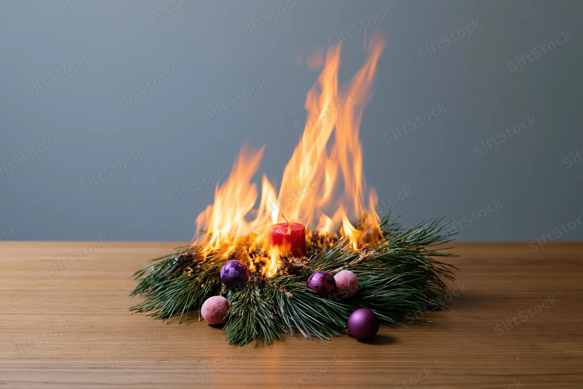 Burning christmas centerpiece with candle and pine on wooden table