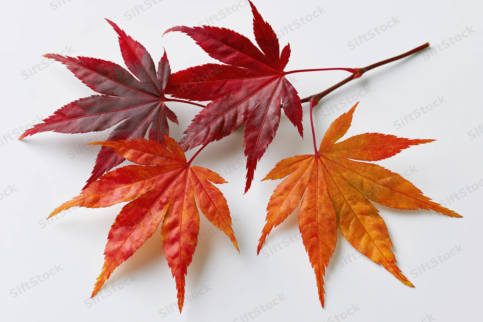 Five autumn maple leaves arranged on a white surface