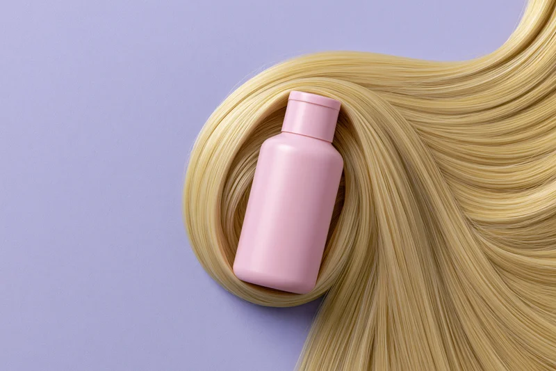 Blonde hair arranged in a swirl with a pink plastic shampoo bottle nestled inside, on a lavender background