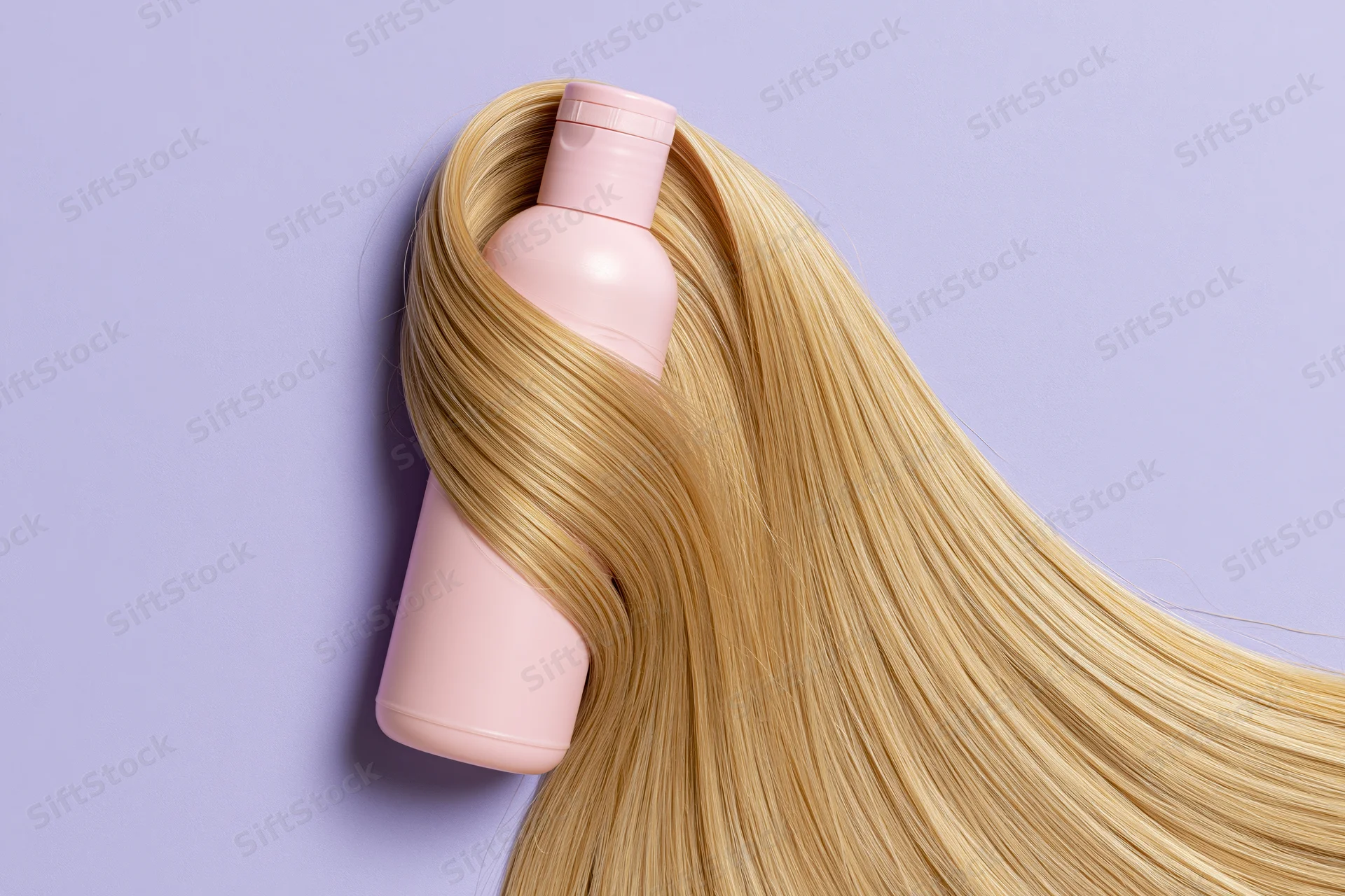 Pink shampoo bottle nestled in long blonde hair against lavender background