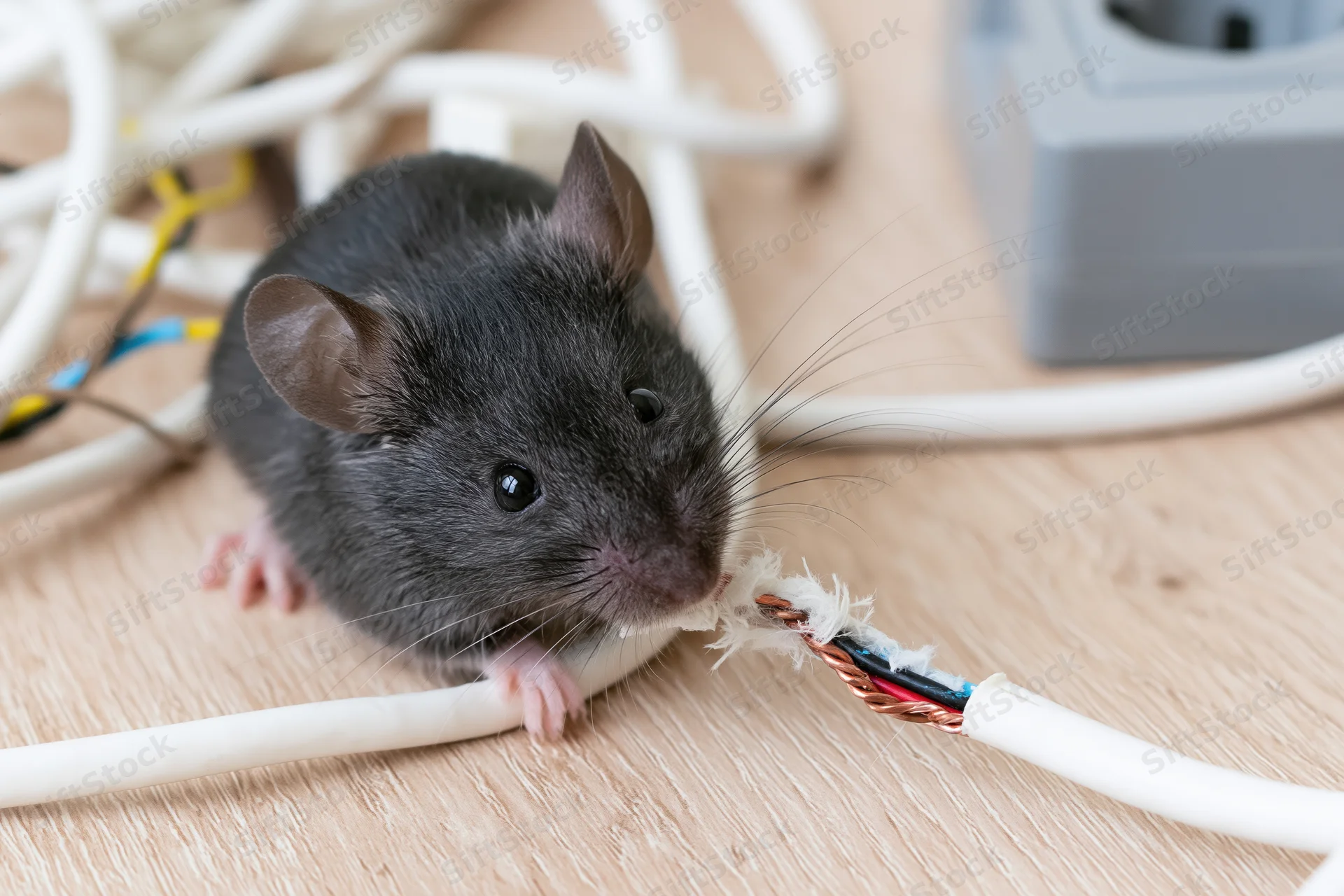 Dark gray mouse gnawing on frayed white electrical cable on wooden floor near outlet