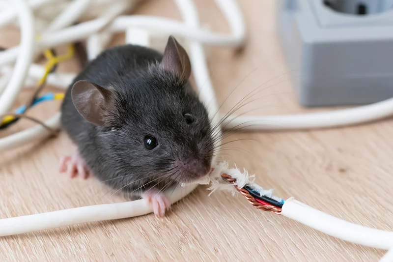 Dark gray mouse gnawing on frayed white electrical cable on wooden floor near outlet