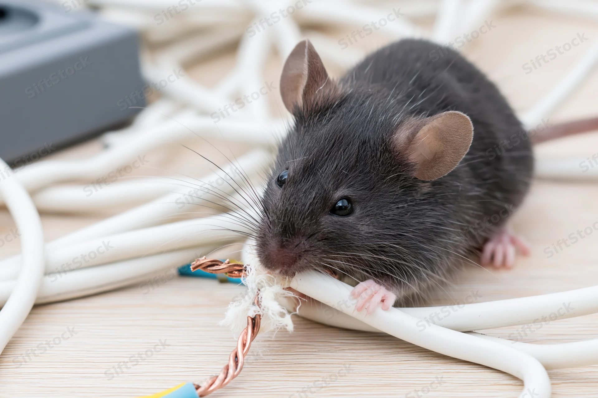 Dark grey mouse gnawing on frayed white electrical cable on wooden floor