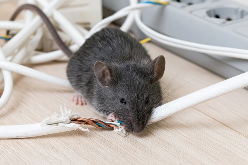 Dark grey mouse gnawing on frayed white electrical cable on wooden floor near power outlet