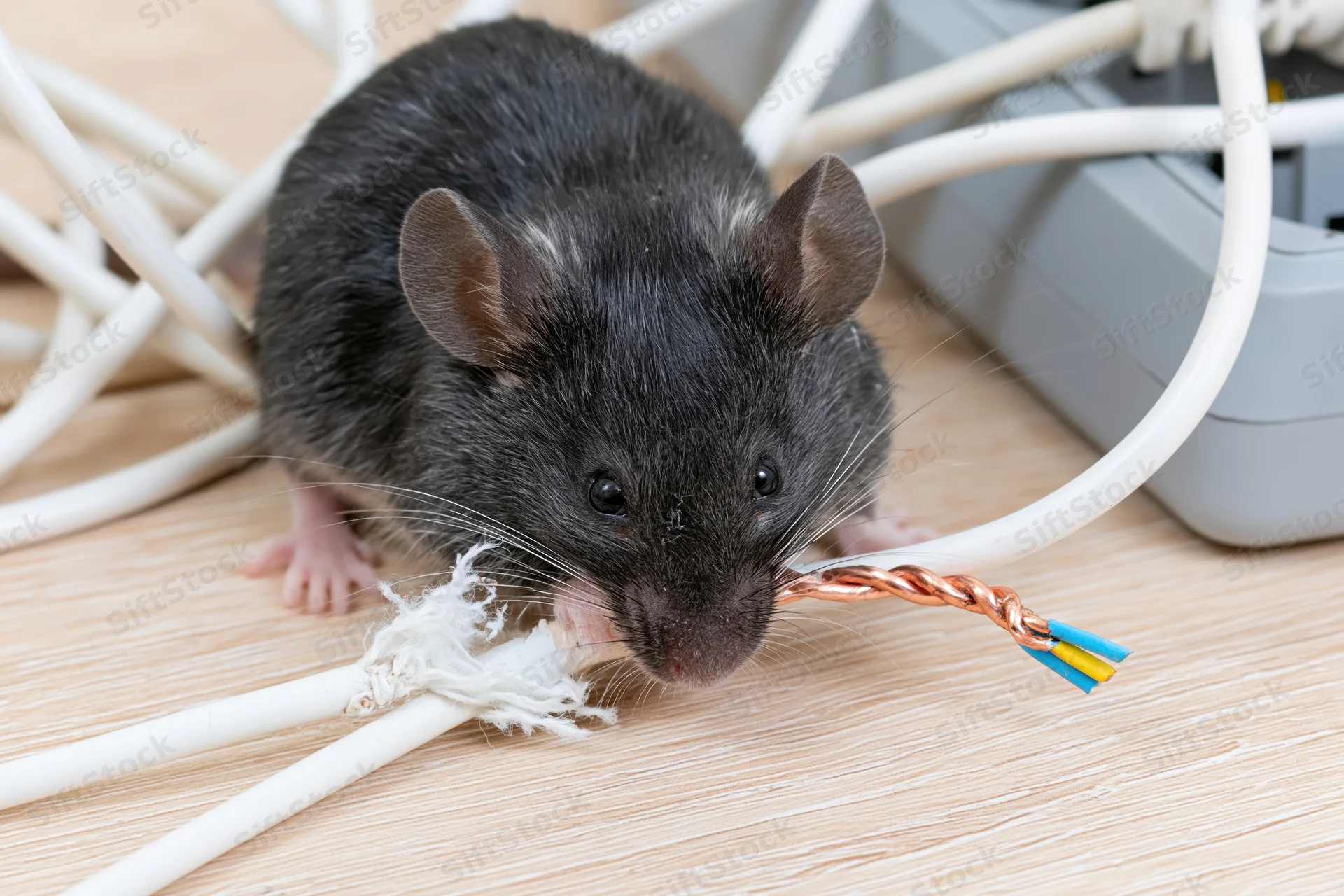 Dark grey mouse gnawing on frayed white electrical cable on wooden floor near router