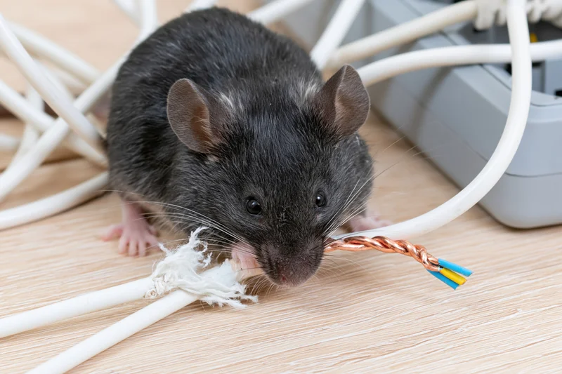 Dark grey mouse gnawing on frayed white electrical cable on wooden floor near router