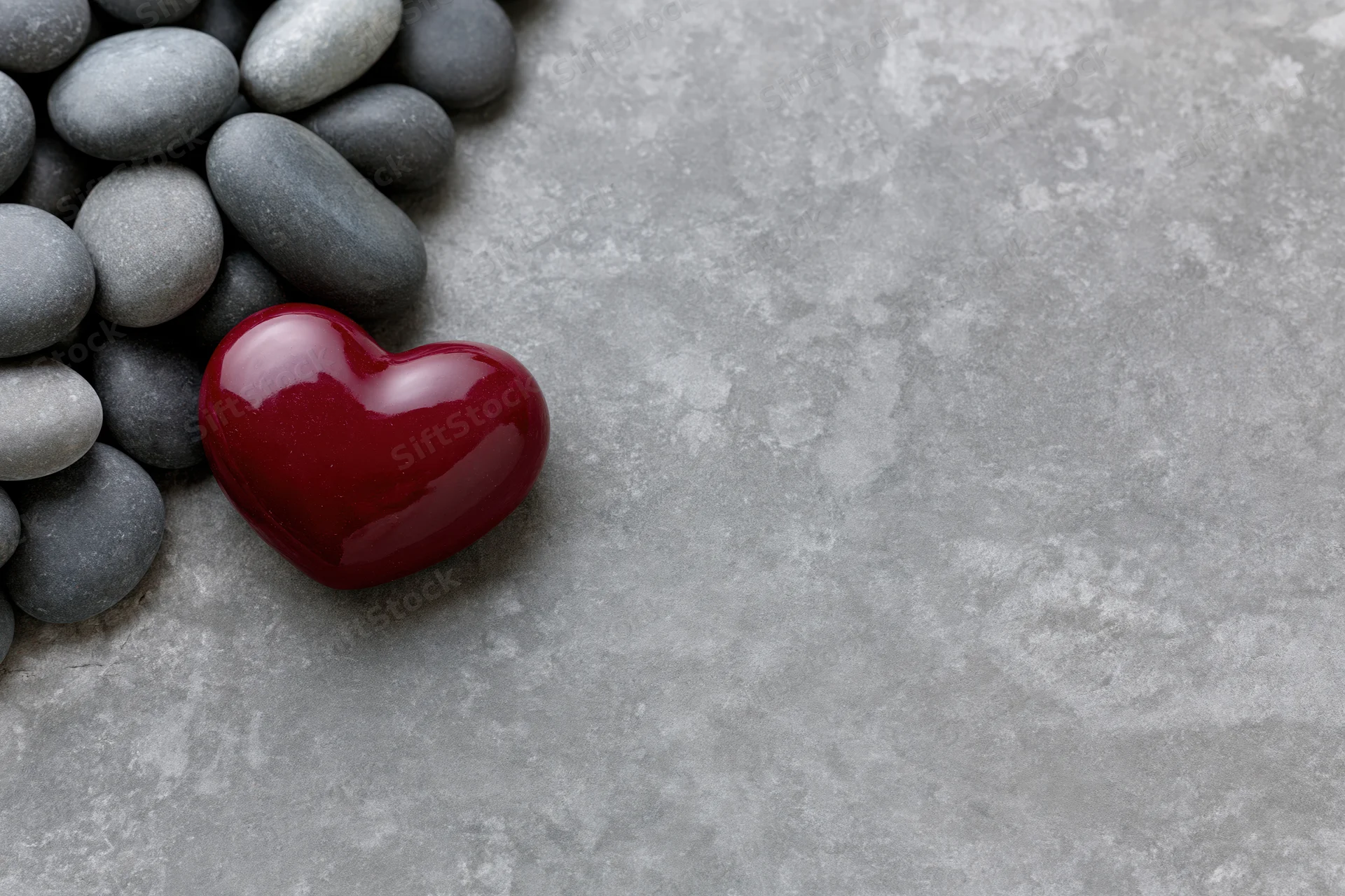 Glossy red ceramic heart resting among gray pebbles on concrete surface