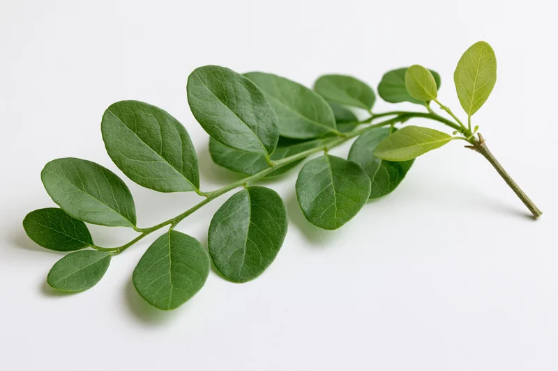 A small green leafy branch with oval leaves arranged along a stem on a white surface