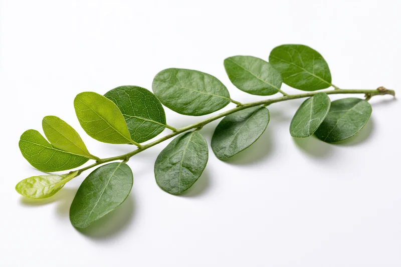 A small green leafy branch with oval leaves arranged along a stem on a white background