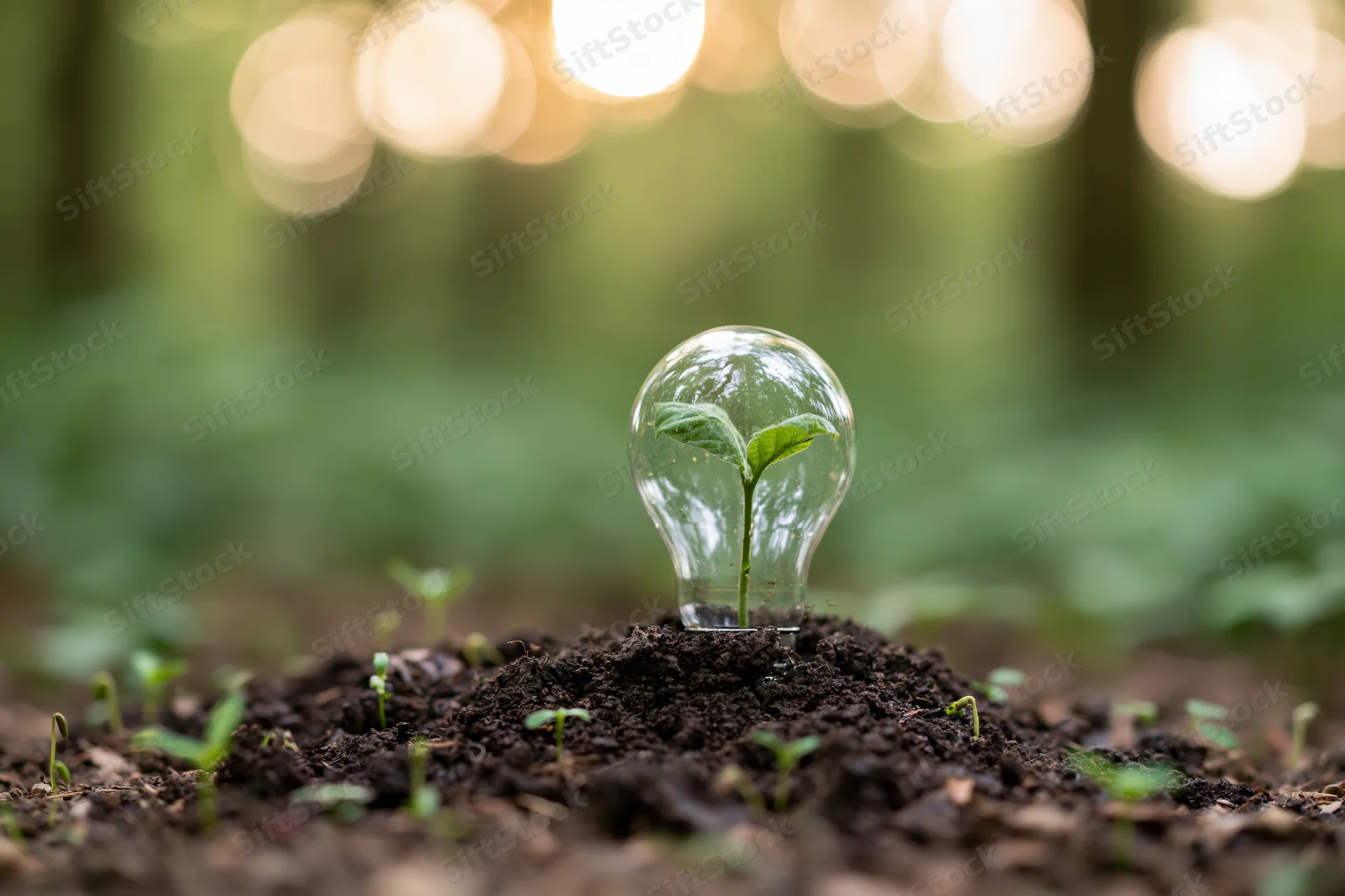 Small green seedling growing inside a clear glass lightbulb in forest soil with blurred bokeh lights behind
