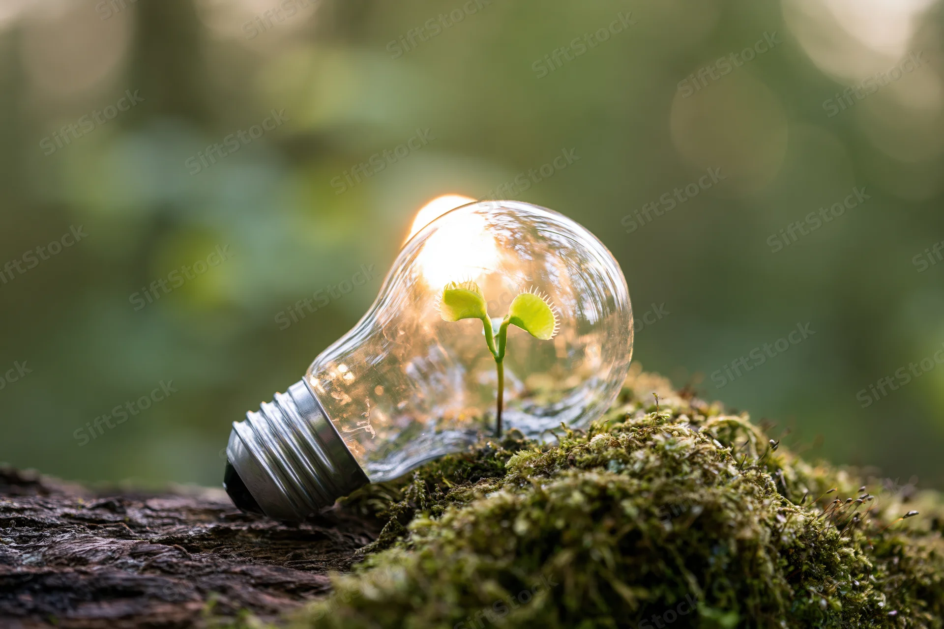A seedling growing inside a lightbulb resting on mossy wood in a forest setting