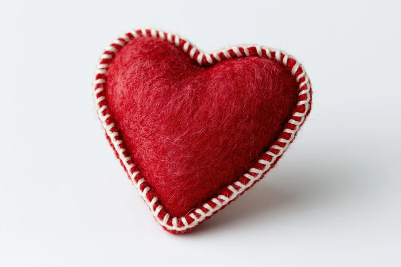 Handmade red felt heart pillow with white blanket stitch on white background