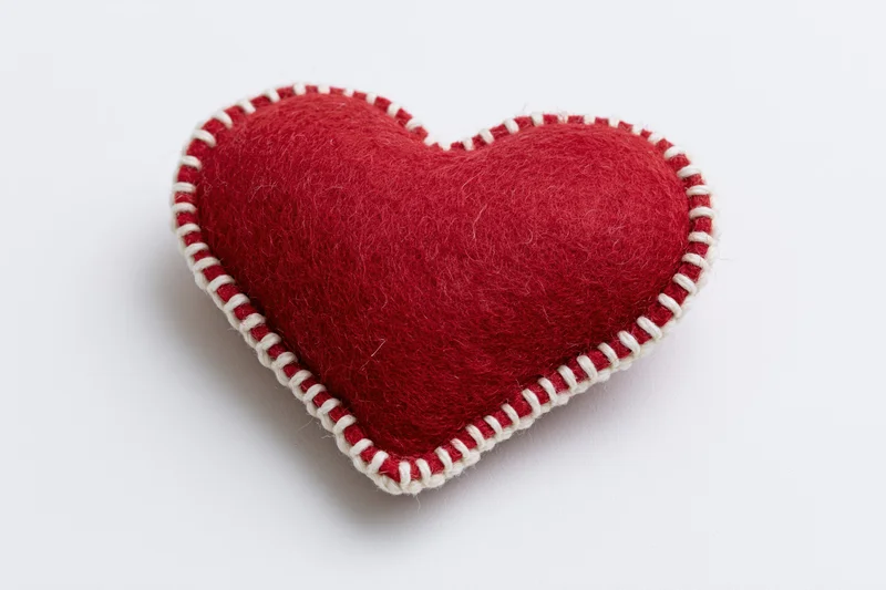 Red felt heart pillow with white blanket stitch on white background