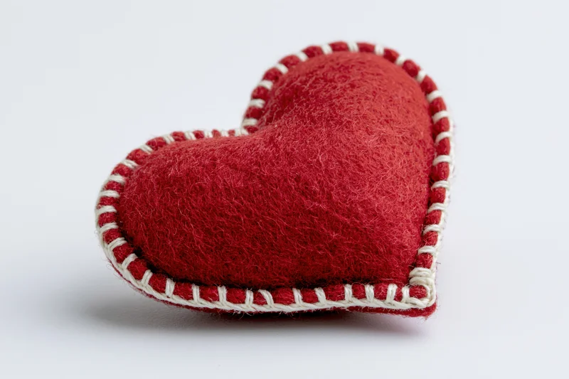 Red felt heart pillow with white blanket stitch on white background