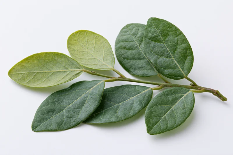A small green leafy branch with oval leaves arranged along a stem on a white background