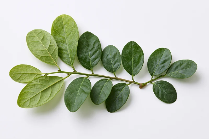 A small green branch with oval leaves arranged along a stem on a white background