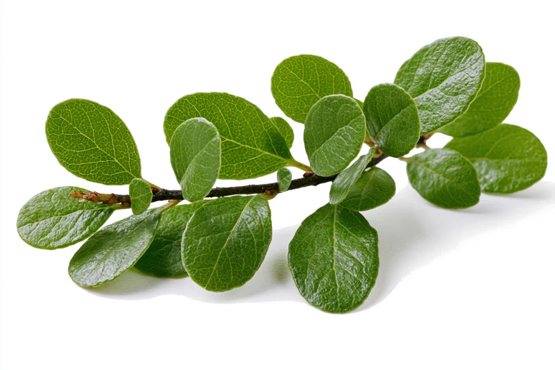 A small branch with fresh green oval leaves arranged on a white surface