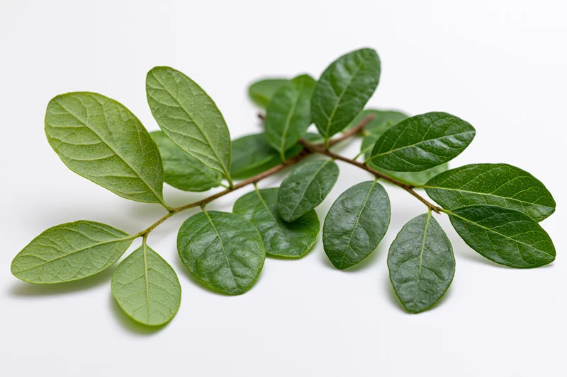 A small leafy tree branch with oval green leaves arranged on a white background