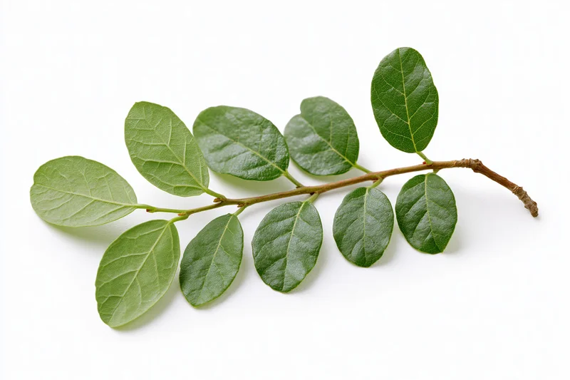 A small leafy tree branch with oval green leaves arranged along a slender stem on a white background