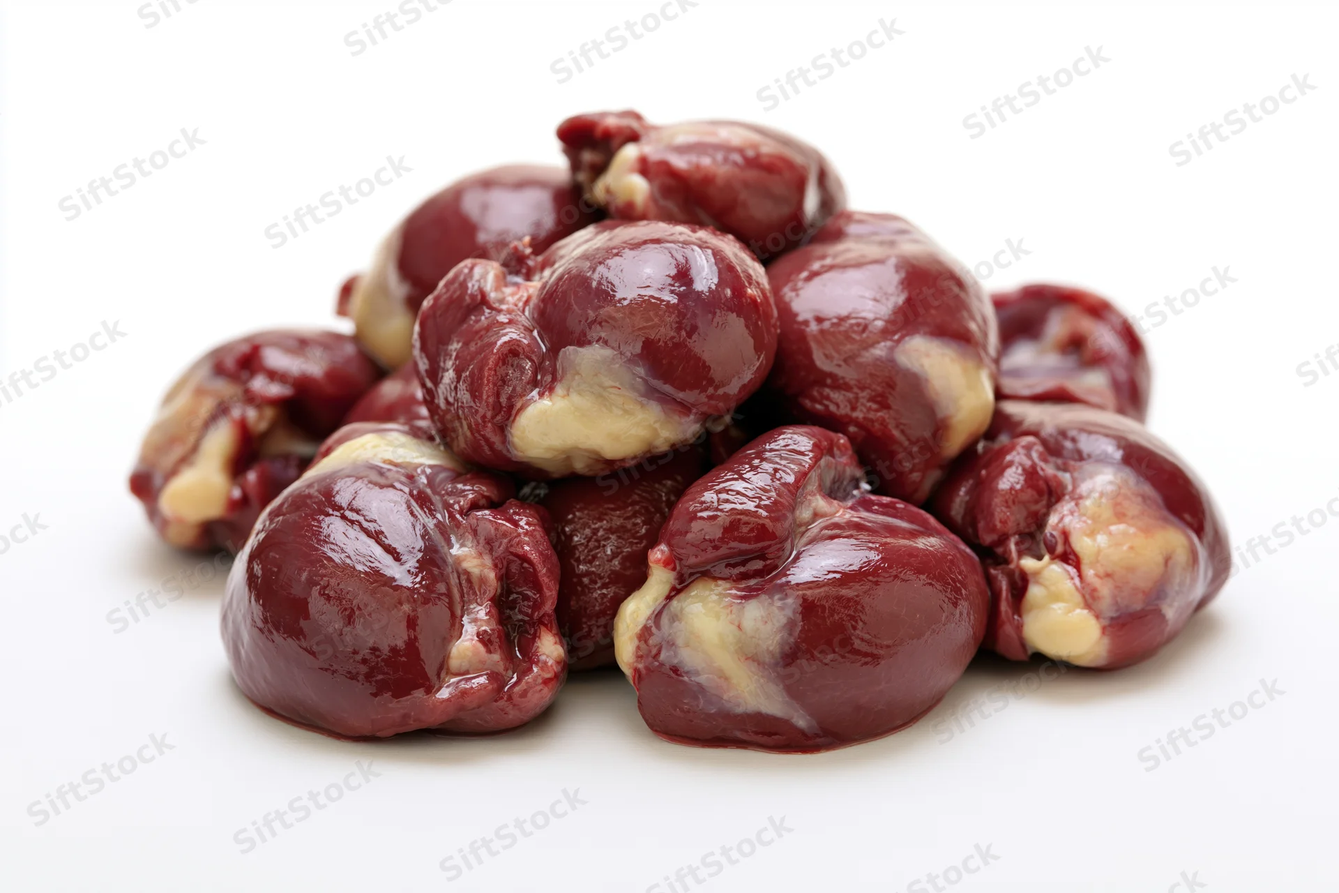 Pile of raw chicken hearts heaped together on white background