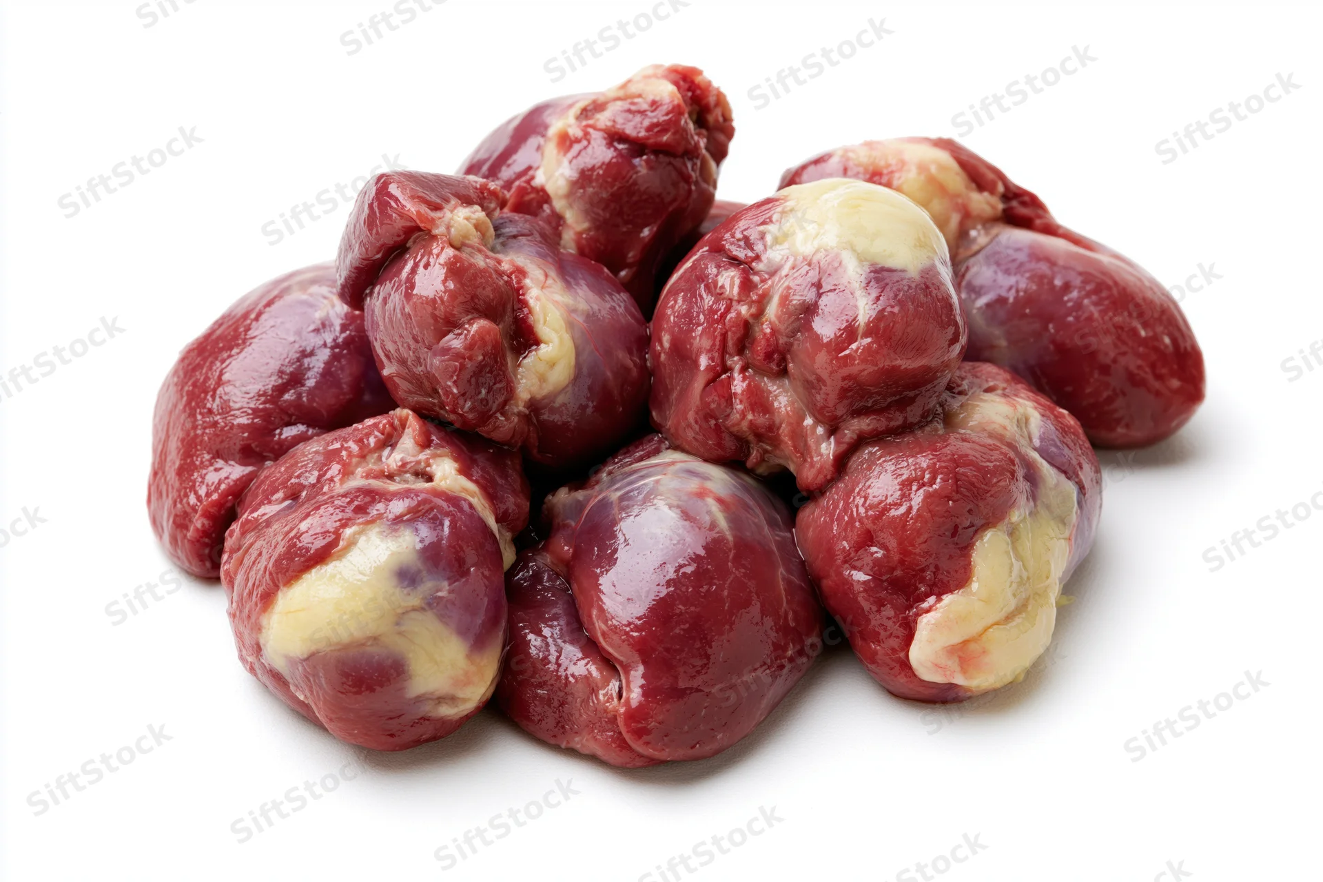 Raw chicken hearts piled together on white background