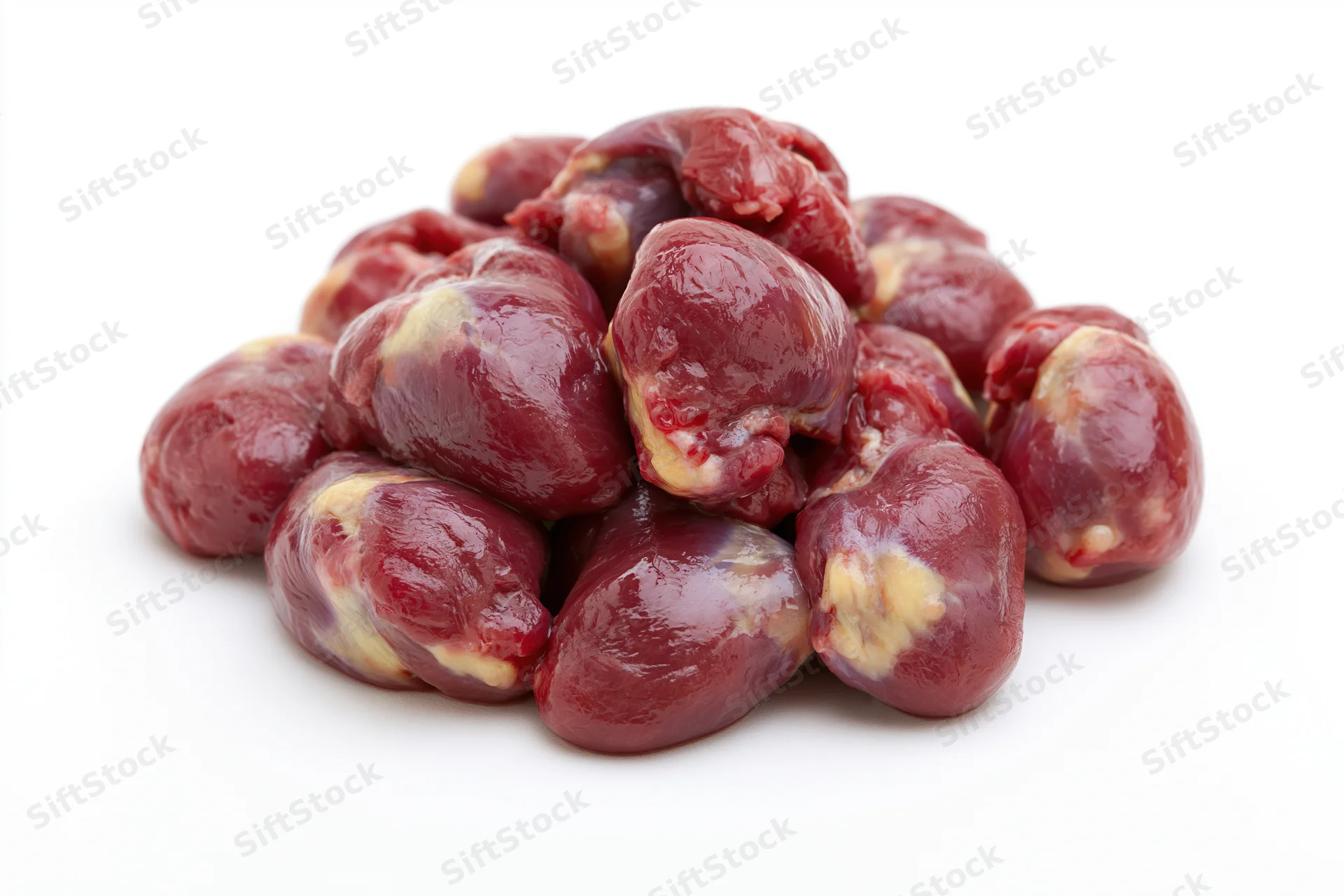 Raw chicken hearts piled together on white background
