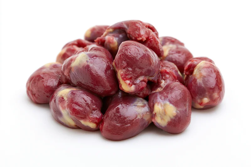 Small pile of raw chicken hearts heaped together shot closeup