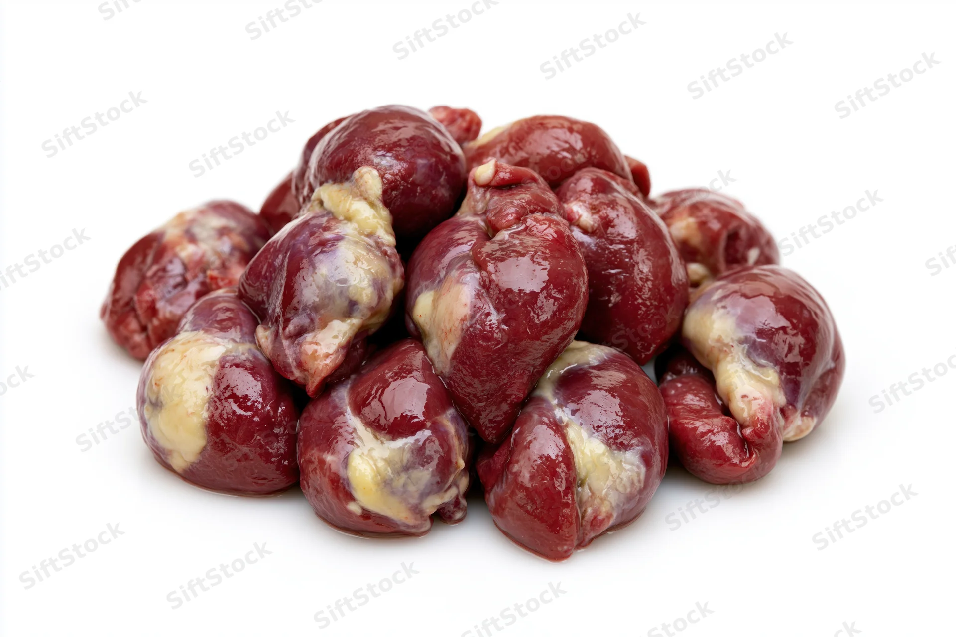 Raw chicken hearts piled together on white background