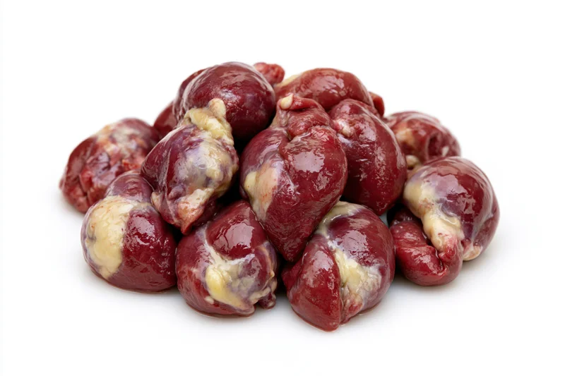 Raw chicken hearts piled together on white background