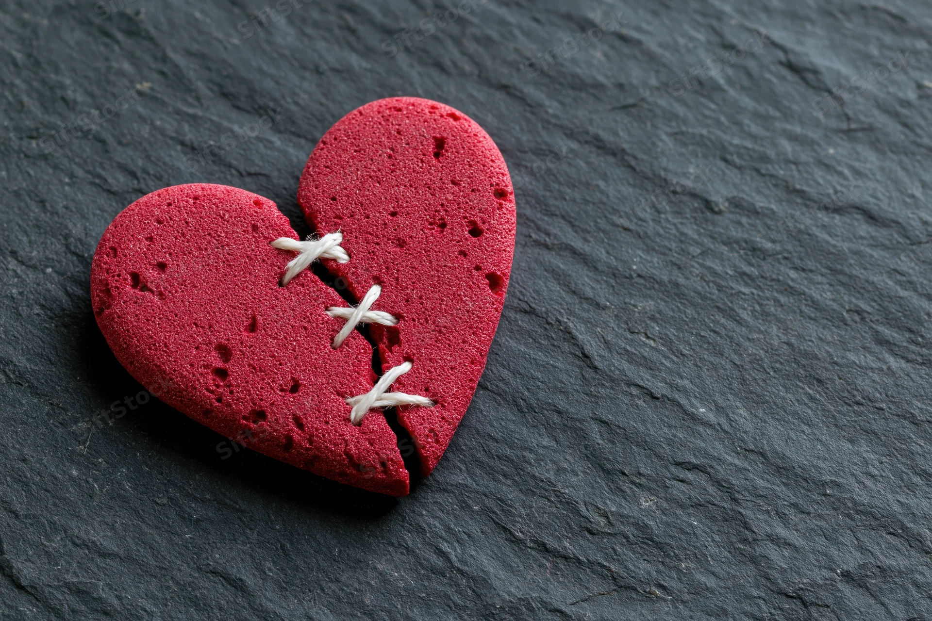 Broken red foam heart stitched back together on dark slate surface