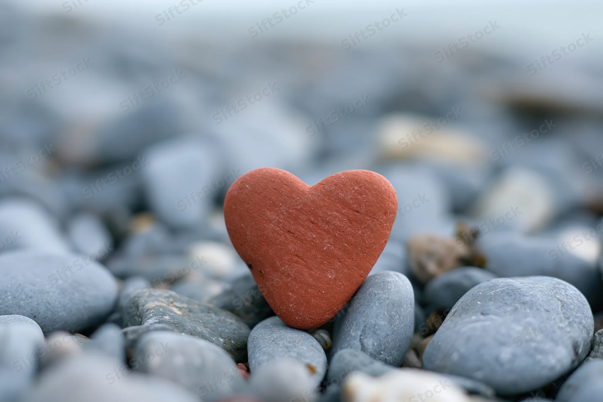 Red heart-shaped stone resting upright among smooth gray pebbles on a beach