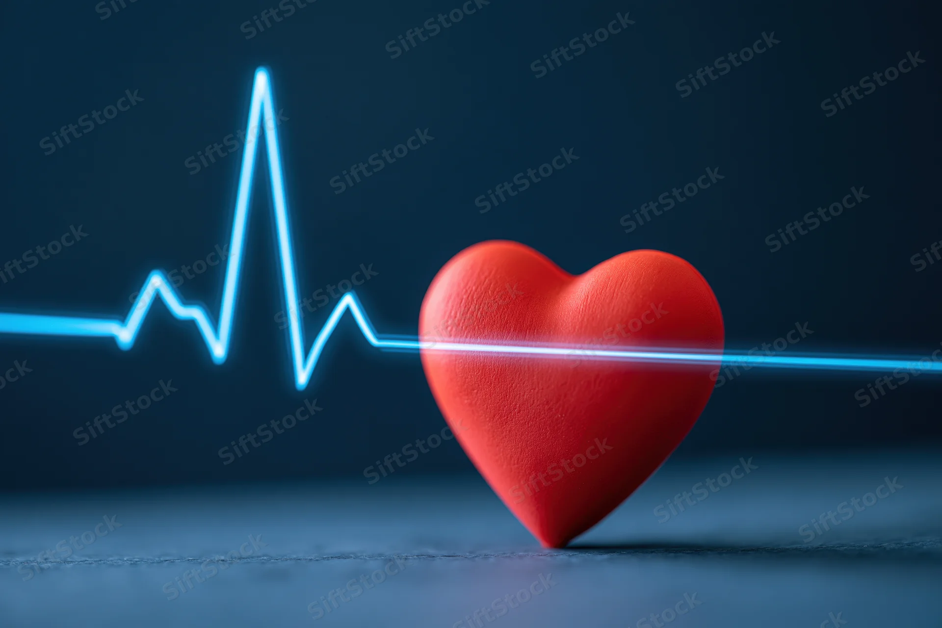 Red heart object with glowing blue heartbeat line on dark surface