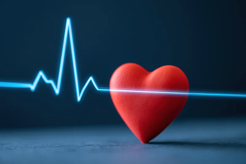 Red heart object with glowing blue heartbeat line on dark surface