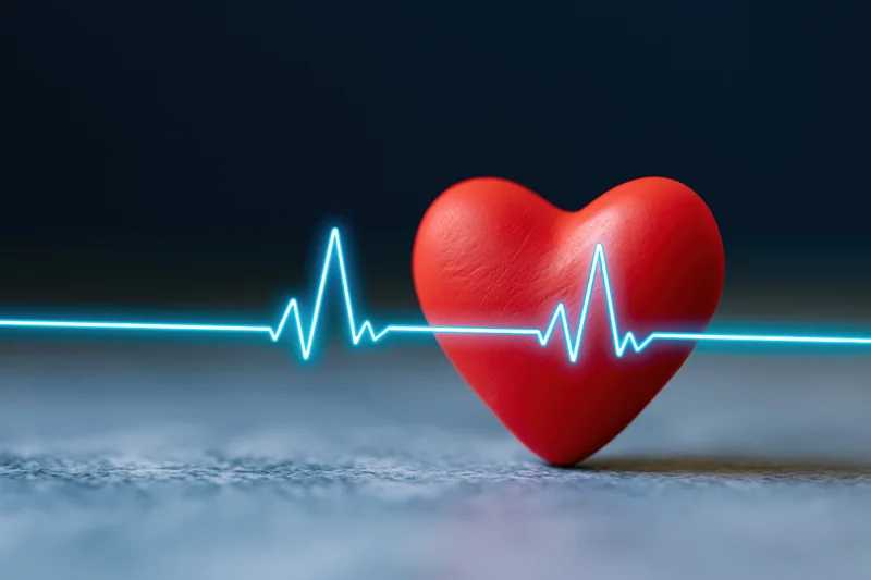 Red heart object with glowing ekg line across it on dark surface