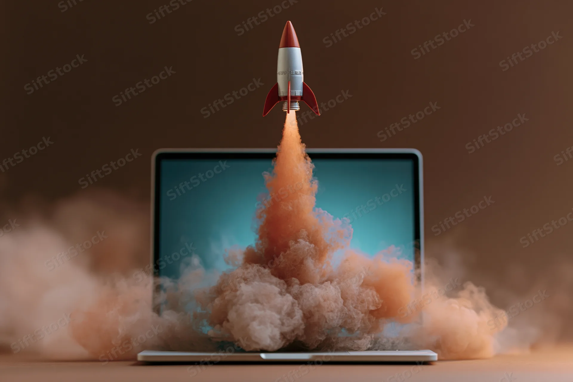 Small rocket launching from open laptop screen with smoke and fire