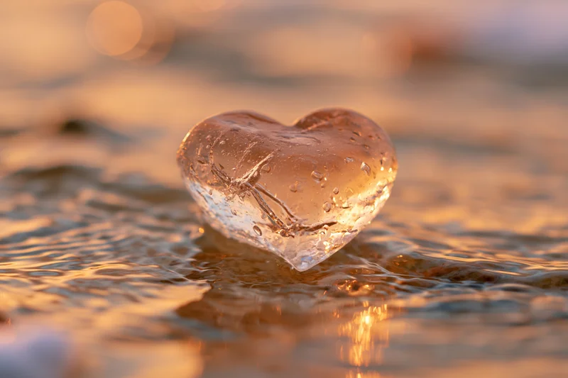 Translucent ice heart sculpture resting in shallow rippled water at sunset