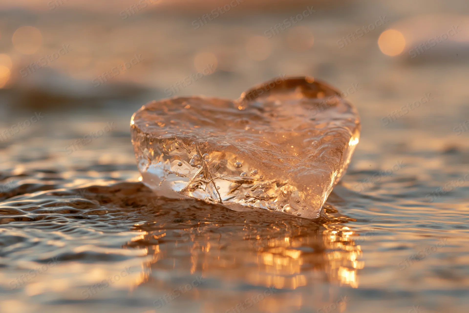 Translucent ice heart sculpture resting in shallow water at sunset
