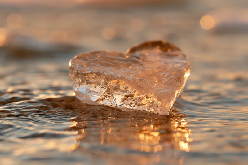 Small translucent ice heart sculpture sitting in shallow water