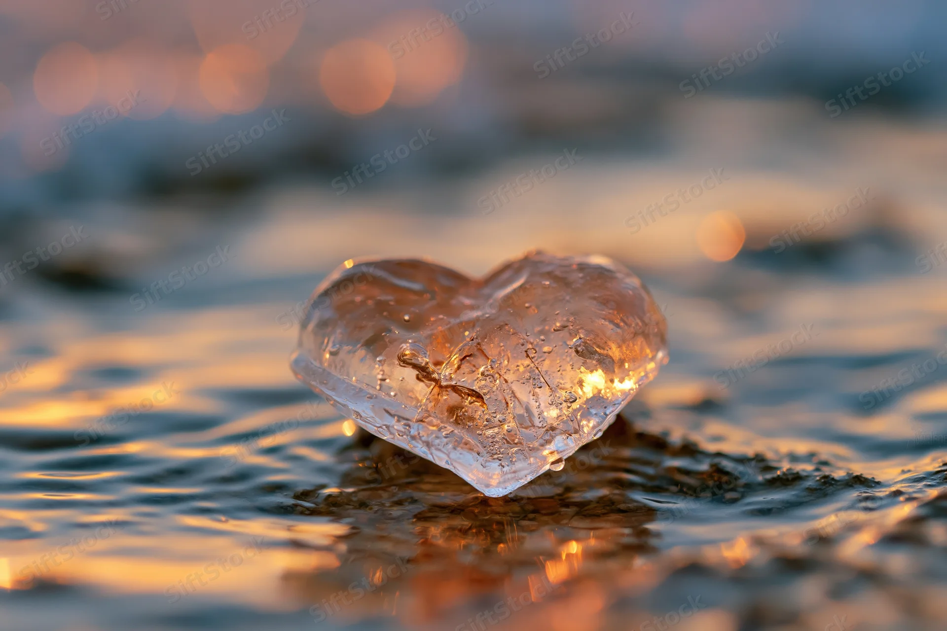 Translucent ice heart sculpture resting in shallow water at sunset