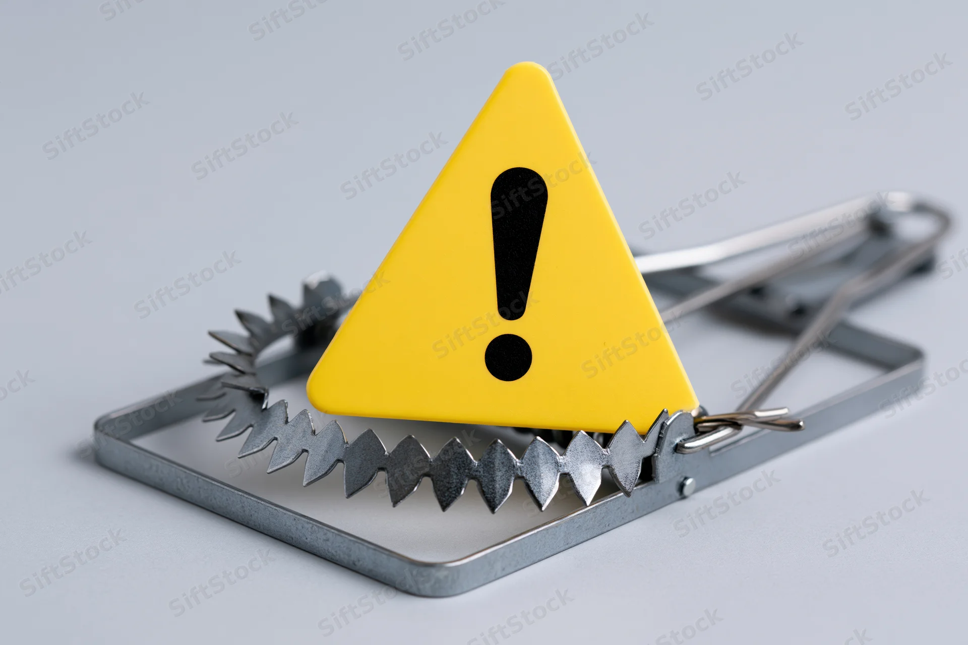 Yellow triangular warning sign with exclamation mark placed on a metal spring trap with sharp teeth, isolated on white background